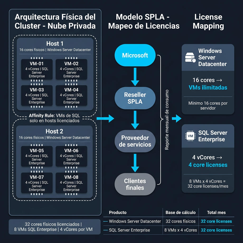 Diagrama de licenciamiento SPLA: mapeo de Windows Server Datacenter y SQL Server Enterprise por cores y vCores